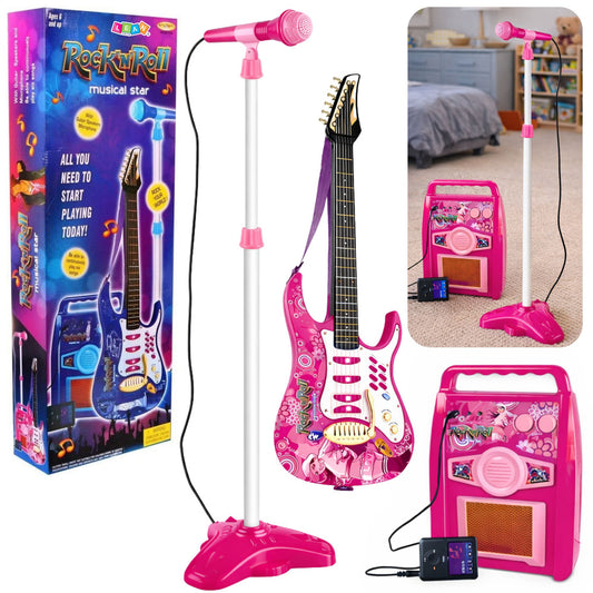 Rozā elektriskā ģitāra ar mikrofonu un pastiprinātāju